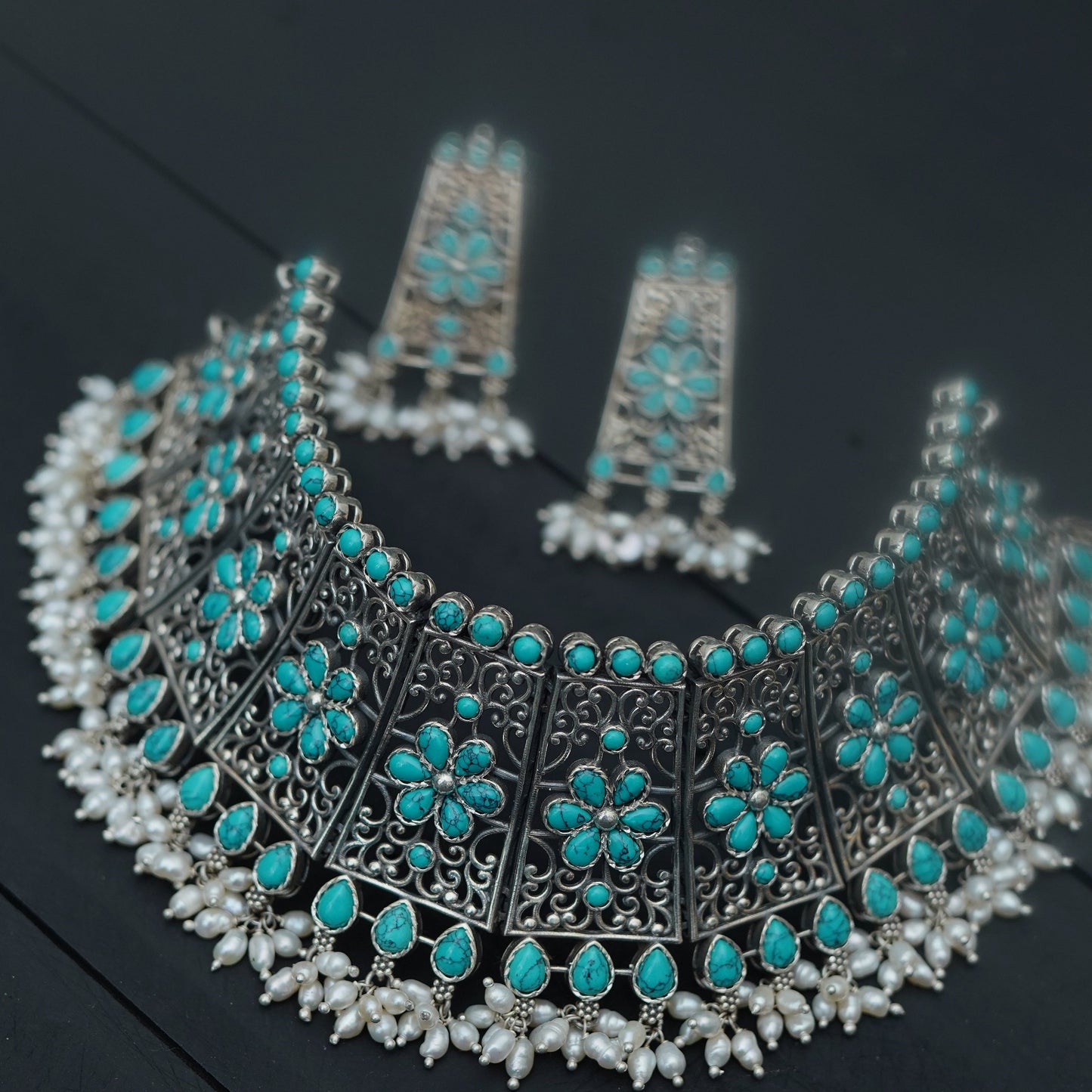 TURQUOISE CHOKER SET-ER1848,CH1068