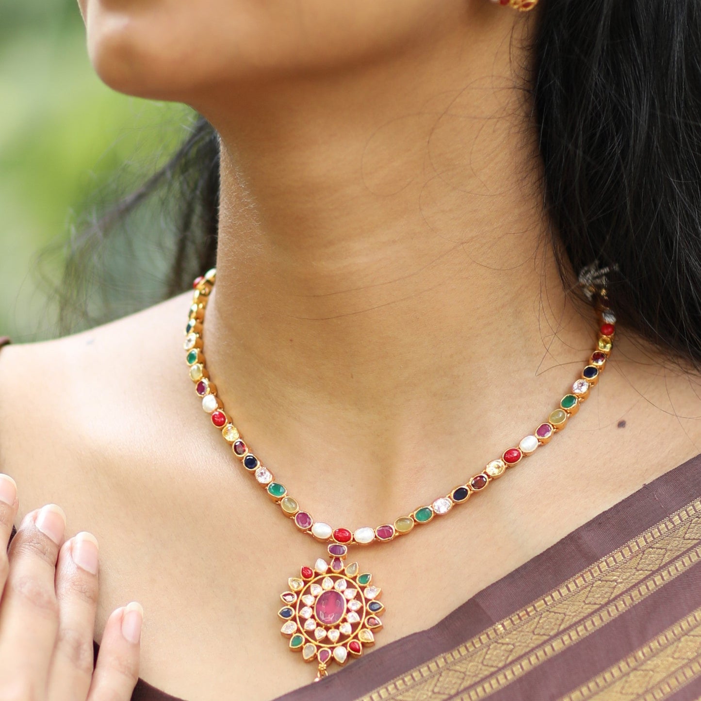 NAVARATHNA SHORT NECKLACE WITH STUDS-NEK2070,ER2030