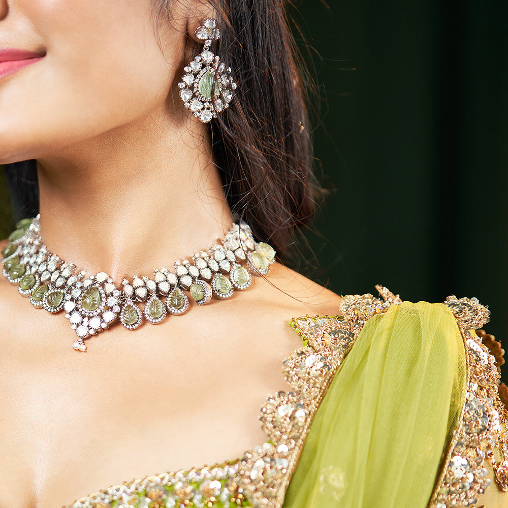 VICTORIAN PASTEL GREEN POLKI NECKLACE SET-NEK2260,ER2331