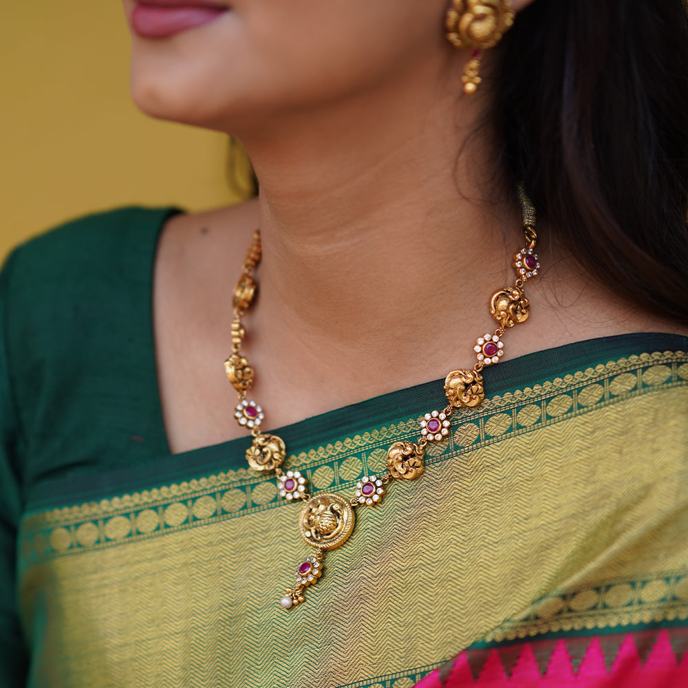 Peacock ruby white stone necklace