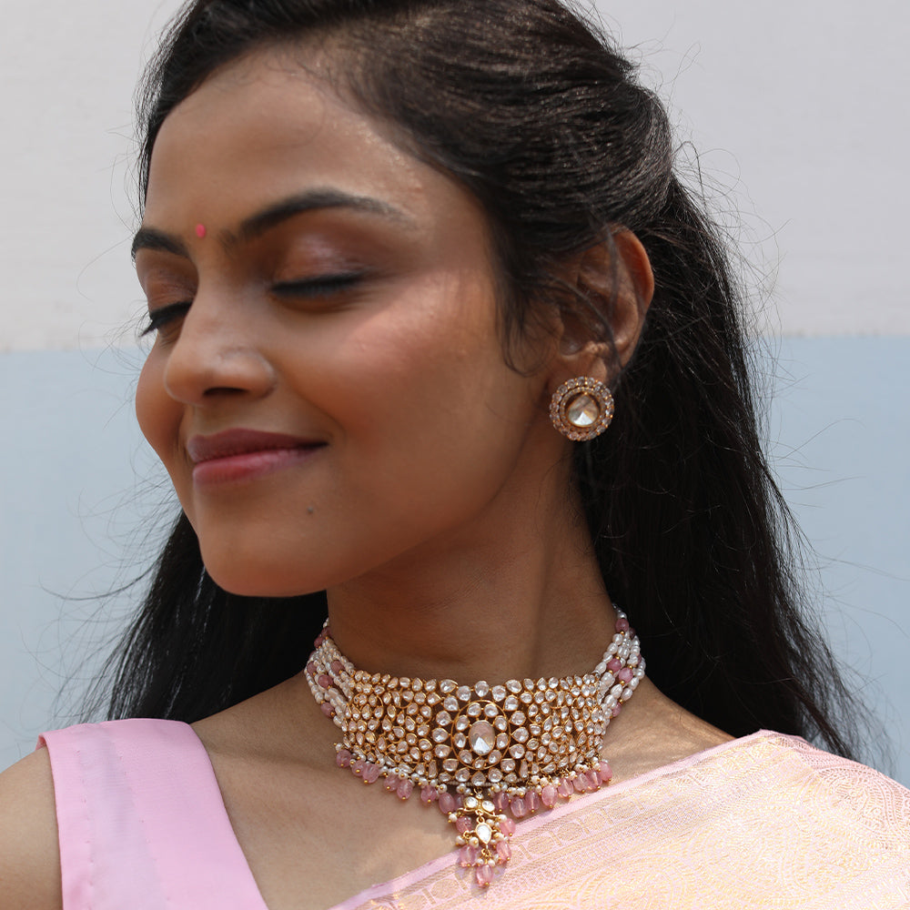 MOISSANITE LOOK RICE SHAPED PEARLS CHOKER WITH ALLOY EARRINGS-CH1125