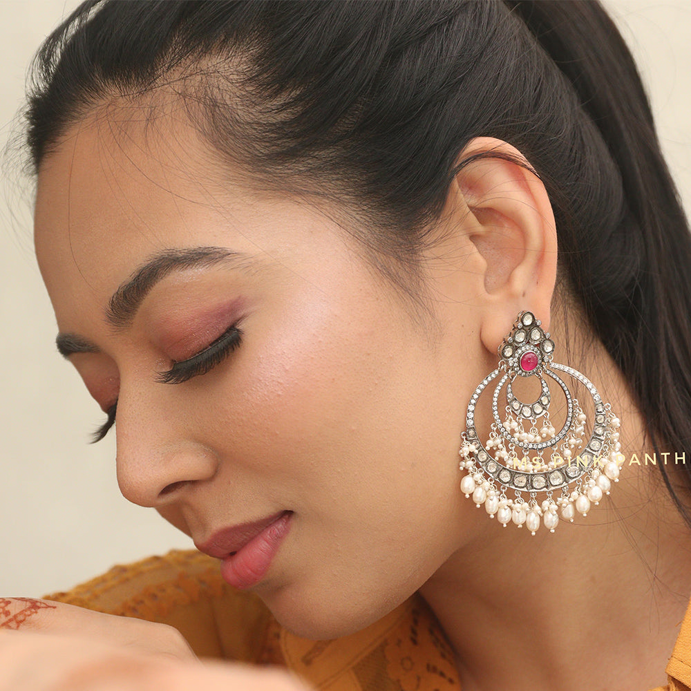 PARTY WEAR OXIDISED CHANDBALLIS WITH WHITE PEARL HANGINGS.