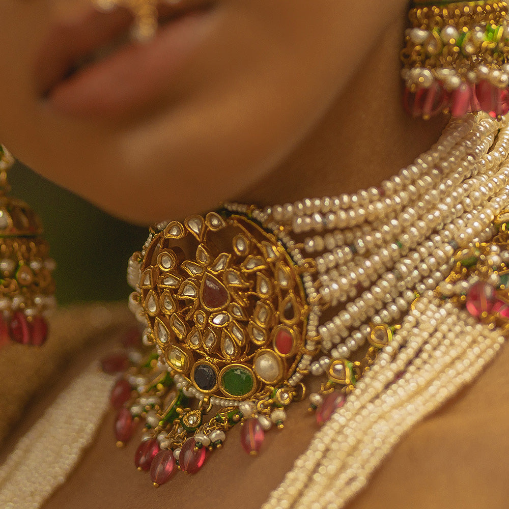 PEARL CHOKER WITH NAVARATHNA STONES AND RUBY BEAD HANGINGS-NEK1928