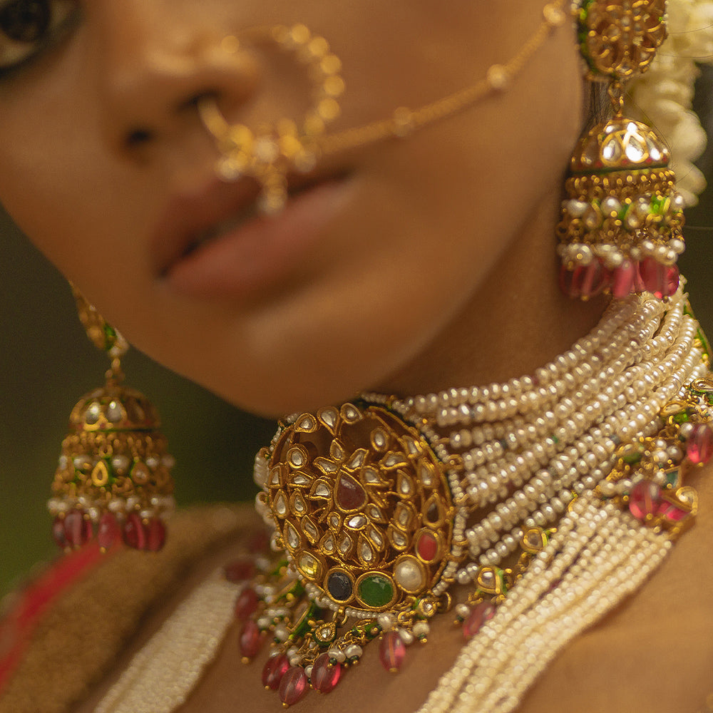 PEARL CHOKER WITH NAVARATHNA STONES AND RUBY BEAD HANGINGS-NEK1928