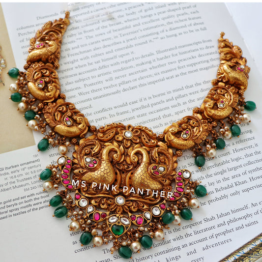 RED ANTIQUE DEEP NAGAS KUNADN SHORT NECKLACE WITH PEACOCK MOTIF-NEK1359