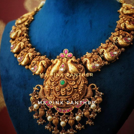 DEEP NAGAS KUNDAN SHORT NECKLACE WITH PEACOCK MOTIFS-NEK1313
