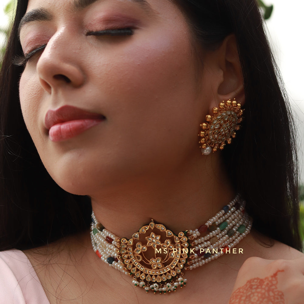 KUNDAN CHOKER WITH NAVARATHNA BEADS -NEK1894