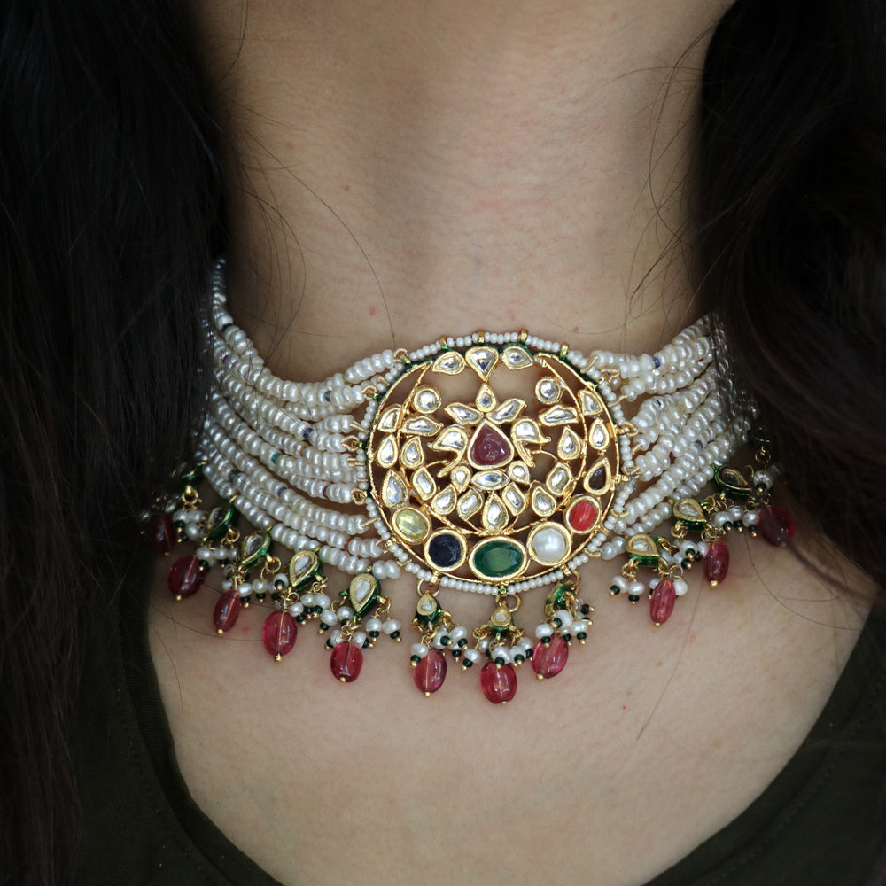 PEARL CHOKER WITH NAVARATHNA STONES AND RUBY BEAD HANGINGS-NEK1928