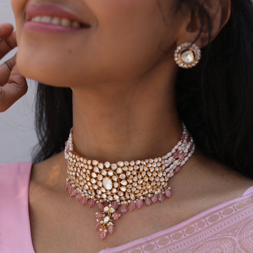 MOISSANITE LOOK RICE SHAPED PEARLS CHOKER WITH ALLOY EARRINGS-CH1125