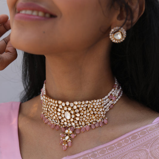 MOISSANITE LOOK RICE SHAPED PEARLS CHOKER WITH ALLOY EARRINGS-CH1125