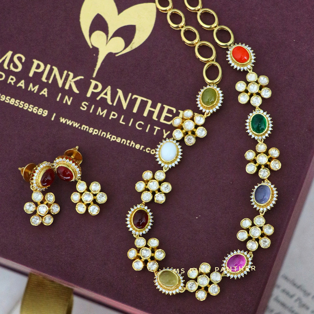 ELEGANT MOISSAINTES AND NAVARATHNA NECKLACE SET.