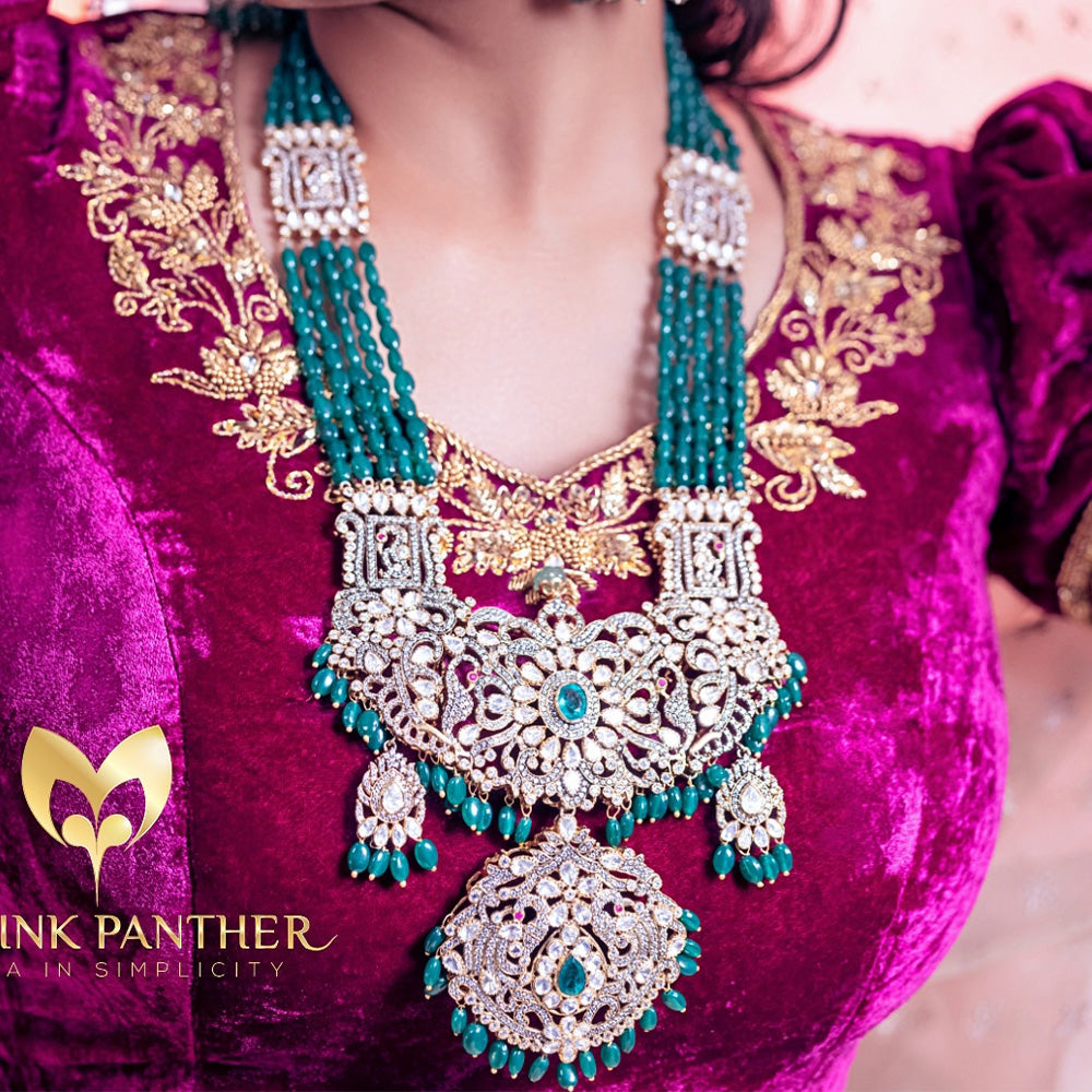 VICTORIAN LOOK MOISSANITE RANI PENDANT HAARAM WITH GREEN BEADS