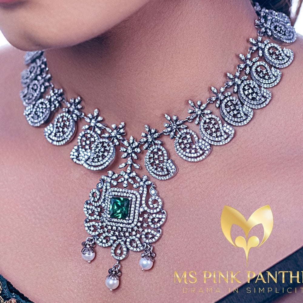 OXIDISED WHITE STONE NECKLACE-NEK1409,ER1588