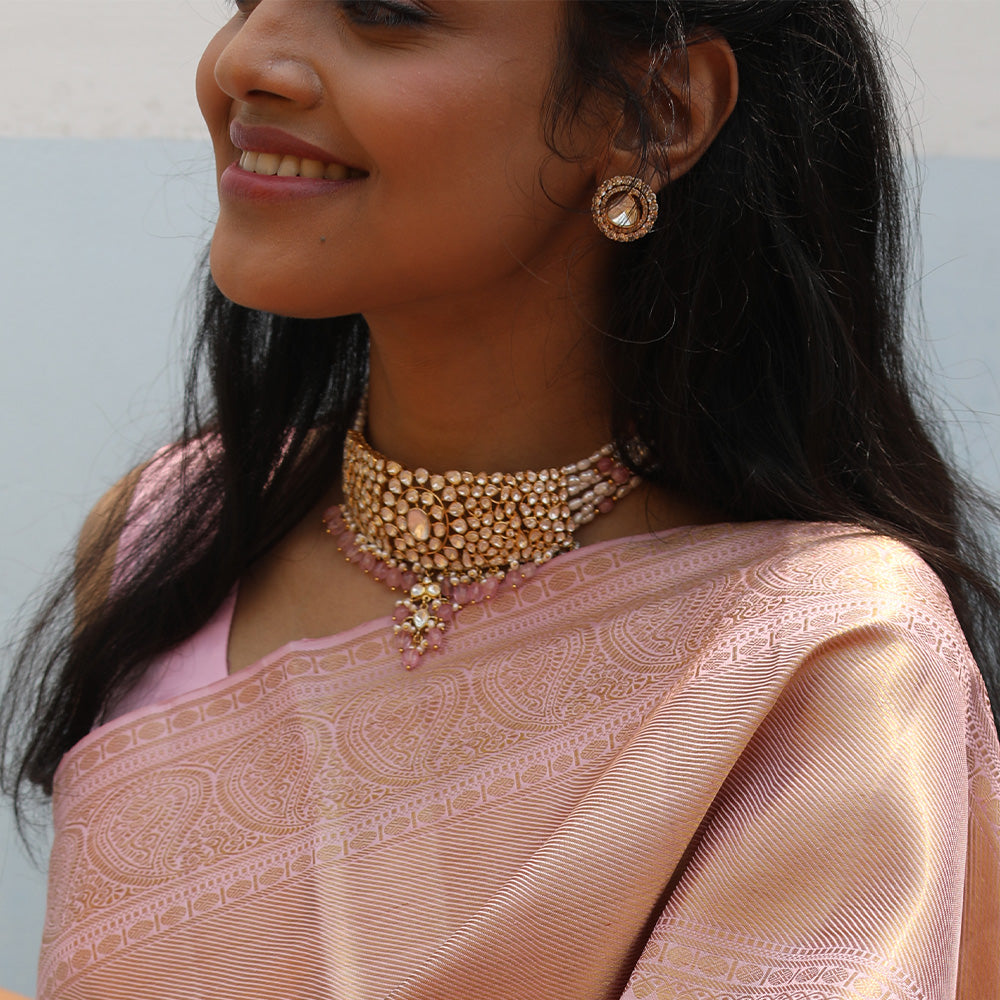 MOISSANITE LOOK RICE SHAPED PEARLS CHOKER WITH ALLOY EARRINGS-CH1125