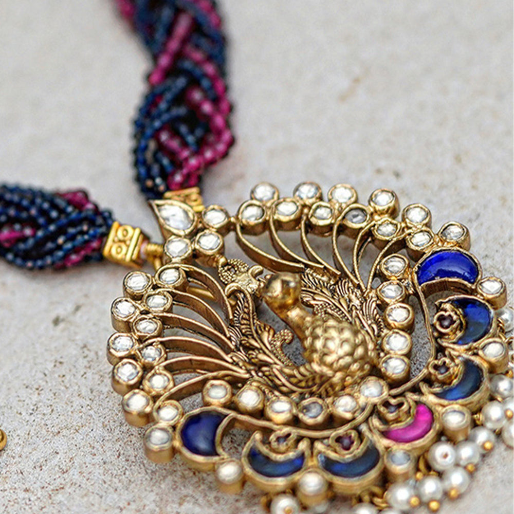BRAIDED BEAD MALA WITH PEACOCK ENAMEL PENDANT AND EARINGS