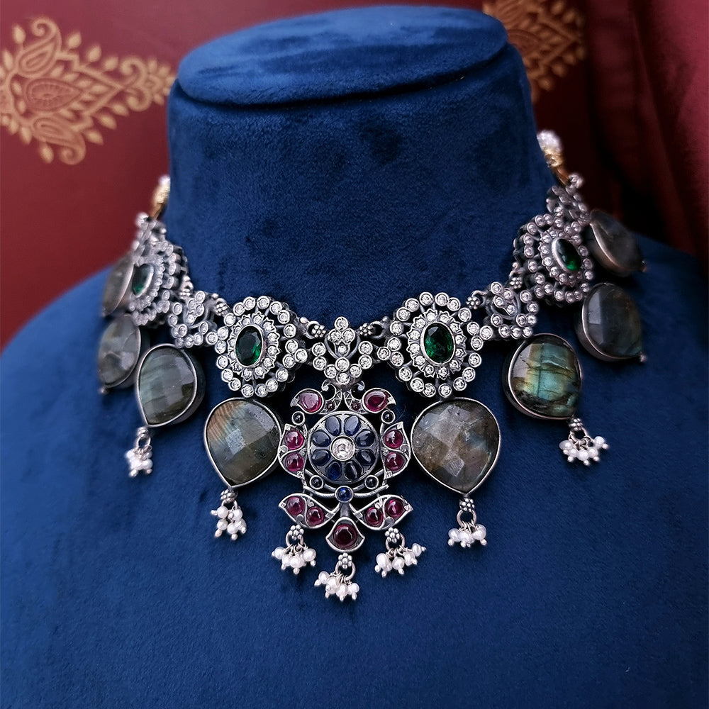 OXIDISED PARTY WEAR NECKLACE WITH EARRINGS SET-NEK1738,ER1851