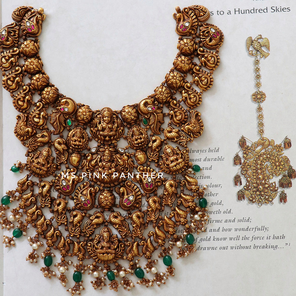 BRIDAL DEEP NAGAS SHORT NECKLACE WITH LAKSHMI AND PEACOCK MOTIFS