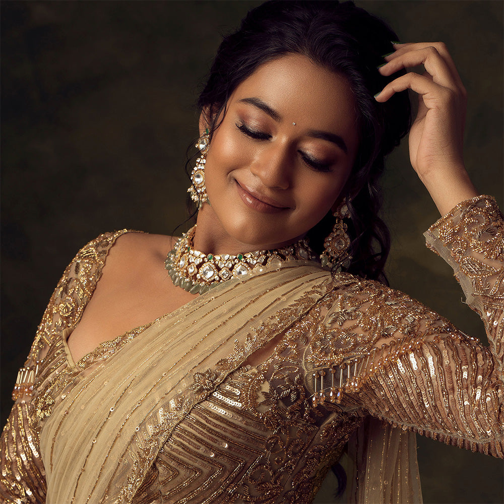 MOISSANITE CHOKER AND EARRINGS FOR MEHENDI LOOK .