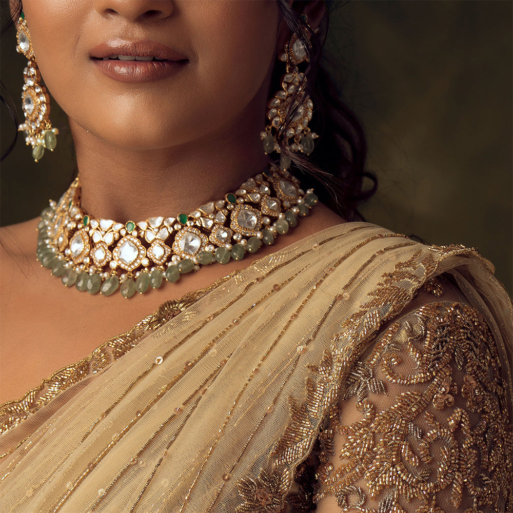 MOISSANITE CHOKER AND EARRINGS FOR MEHENDI LOOK .