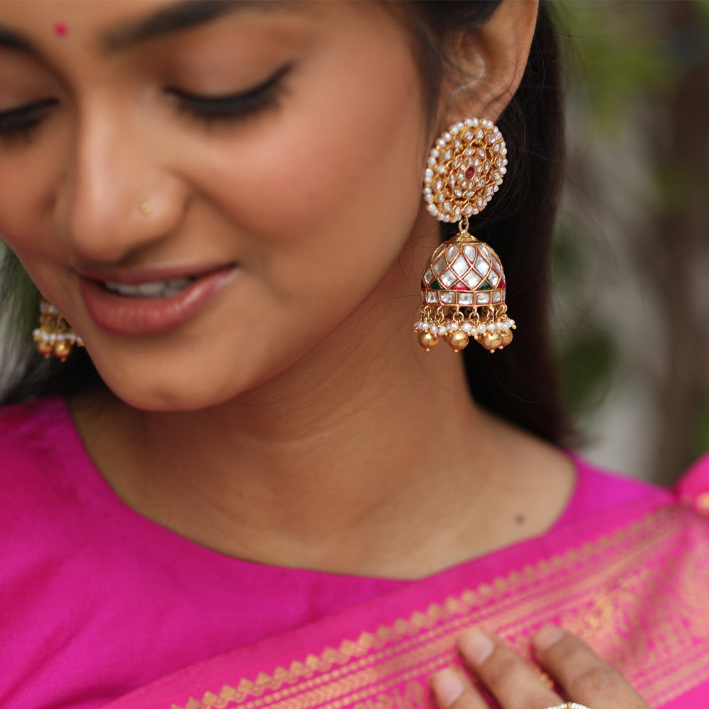 WHITE KUNDAN JHUMKI WITH GOLD BALL AND PEARL HANGINGS-JH1344