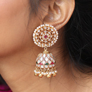 WHITE KUNDAN JHUMKI WITH GOLD BALL AND PEARL HANGINGS-JH1344