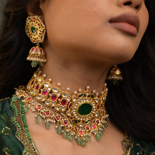 KUNDAN CHOKER WITH EARRINGS-NS1188