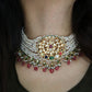 PEARL CHOKER WITH NAVARATHNA STONES AND RUBY BEAD HANGINGS.
